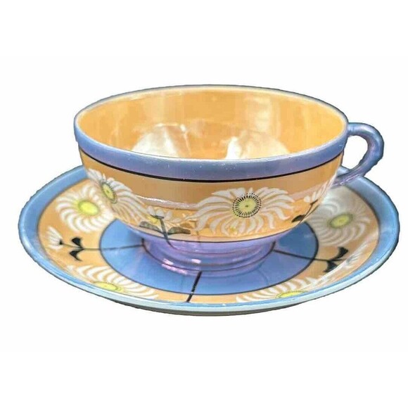 Vintage Japanese Lusterware 4 Teacups and 6 Saucers Set Iridescent Hand Painted - Picture 6 of 16